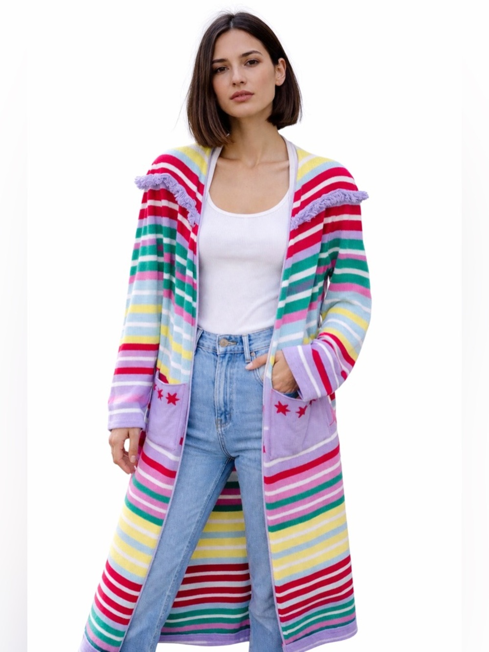Hayley Menzies Long Multicolor Striped Sweater Duster Cardigan with Fringe Trim